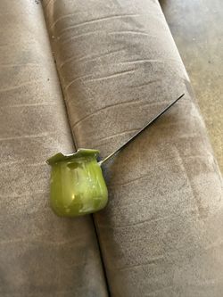 Vintage Olive Green Black White Enamel Butter Warmer