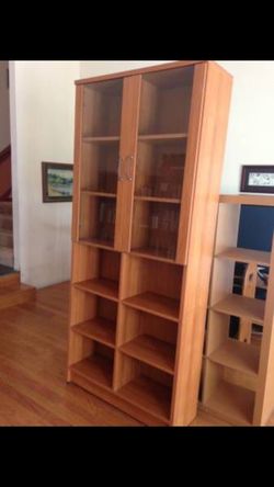 Tall 6-Tier Oak & Glass Cabinet