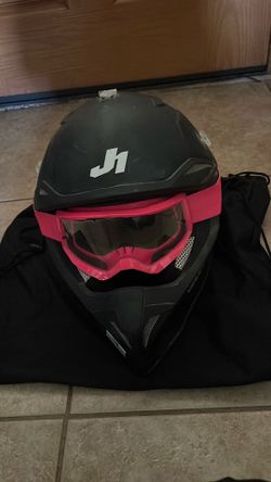 Motorcycle helmet black  just1 with pink fox goggles