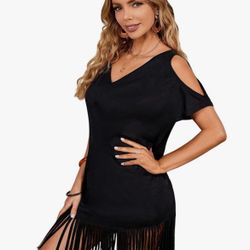 Perfect Morgan Wallen Dress! Women's Cold Shoulder V Neck Fringe Hem Straight Dress Without Belt
