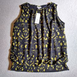 BRAND NEW WITH TAG LADIES WORTHINGTON SLEEVELESS CITRONELLE/BLACK UNIQUE PRINT THIN SUMMER LINED TOP BLOUSE SIZE SMALL 