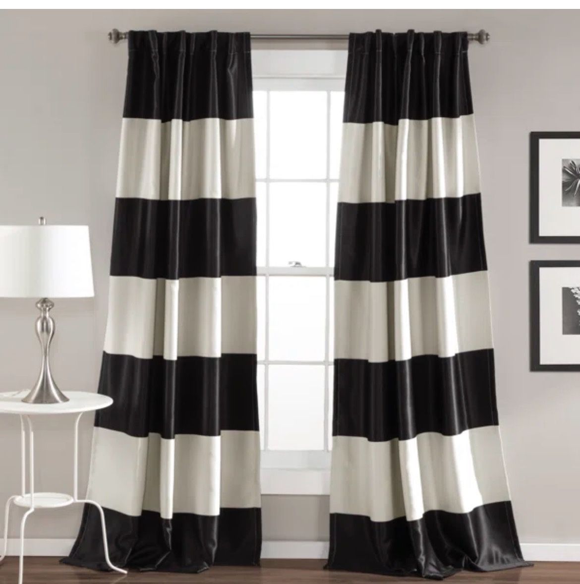 Montego Black And White Room Darkening Curtains -2 Panels - New In Package