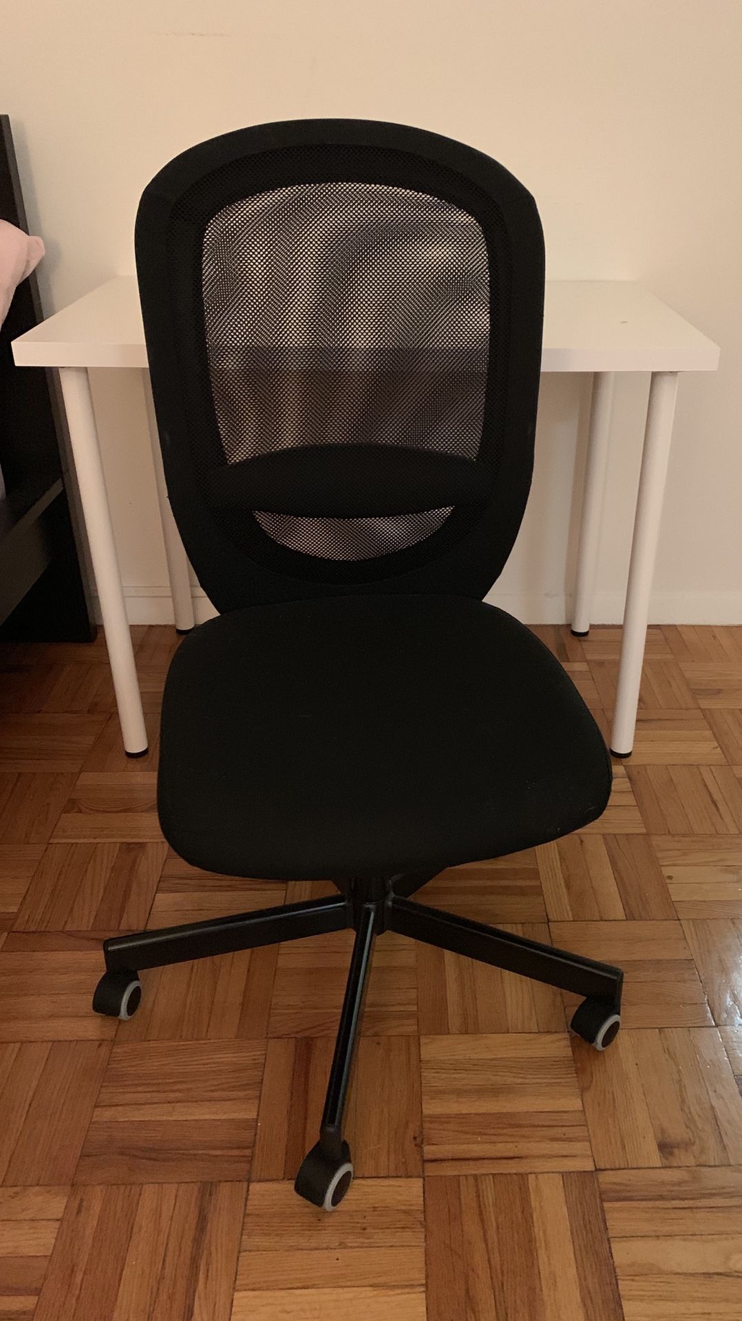 Table, computer chair, and mirror