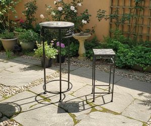 $35 for both! Two Tall Garden Patio Plant Stand Metal Tile Top Tables! New! 12x28in and 7x19in