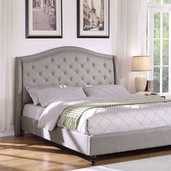 Grey King Size Bed - Arched Tufted Headboard With Studded Trim