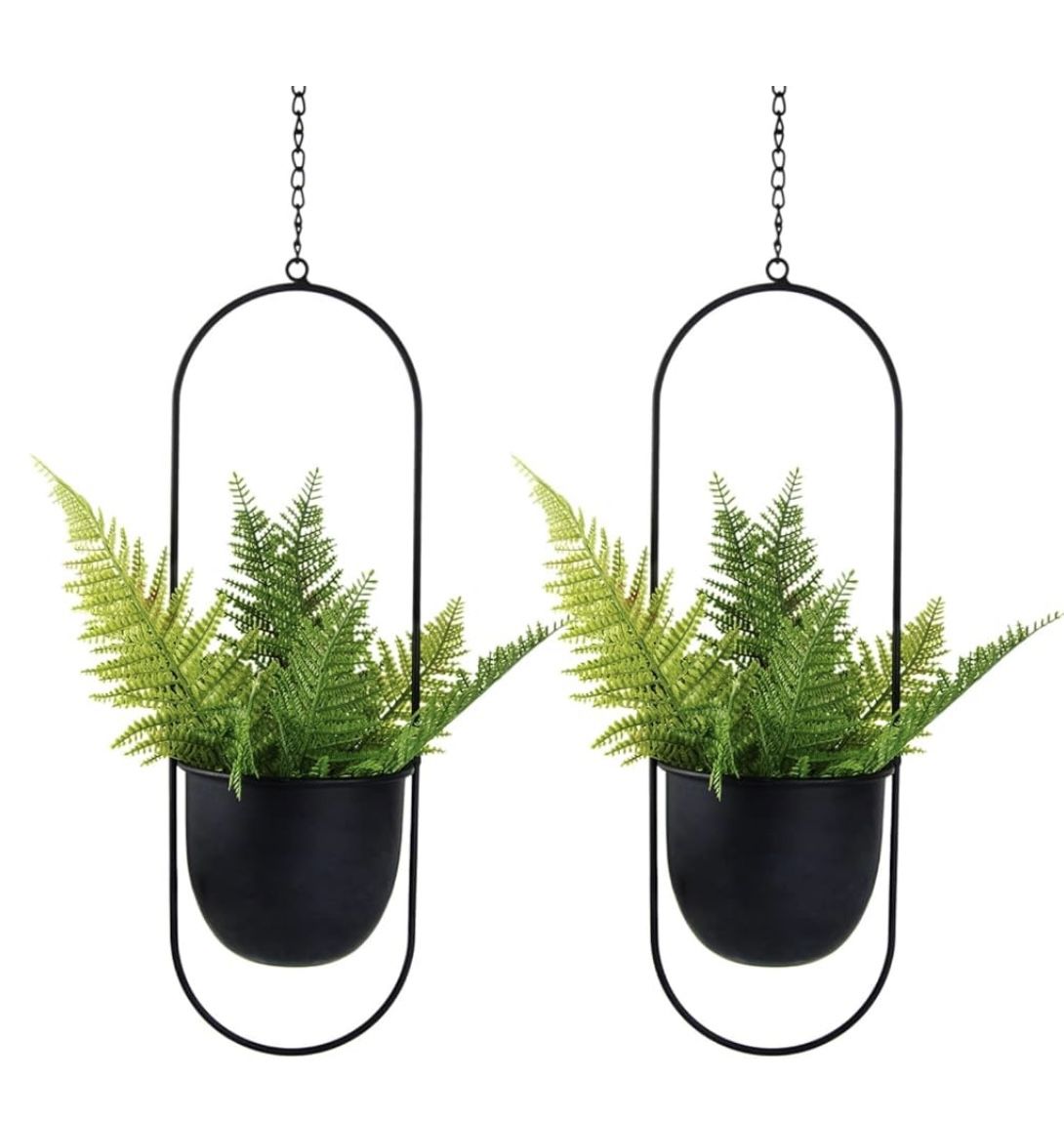 Metal Oval Hanging Planter, Set of 2 Black Planters with 6 inch Flower Pots - New