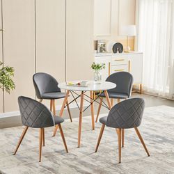 Homy Casa Chad 5PC Dining Set 31.5" Round Matte White Table with 4 Zomba Upholstered Velvet Dining Chairs in Grey