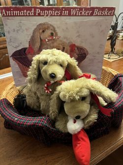 Animated Xmas Puppies in Wicker Basket