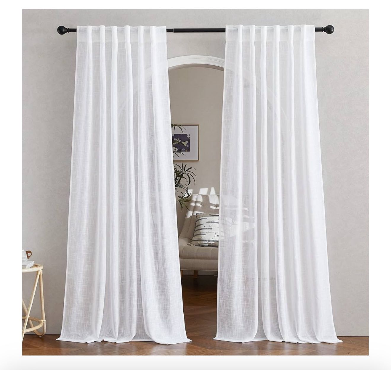 NICETOWN White Linen Sheer Curtains 52x90, Rod Pocket & Back Tab Window Treatments Semi Sheer Curtain Drapes Privacy with Light Through for Living Roo