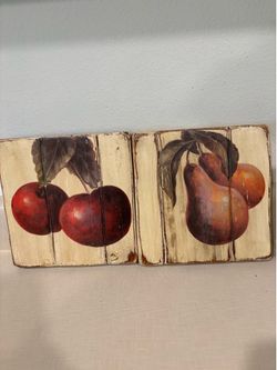 2-6x6” wood pictures 2” deep of cherries and pears