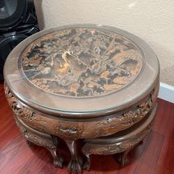 Antique Carved Chinese Nesting Tea Table With Four Stools 