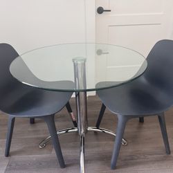 Modern Glass Dining Table with 2 Blue Chairs