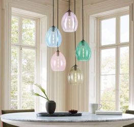 Dicino 5-Light Modern Cluster Black Pendant Light with Pastel Olive-Shaped Glass Shades