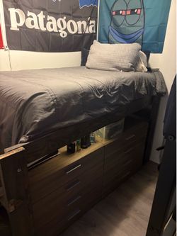 Loft bed frame and mattress