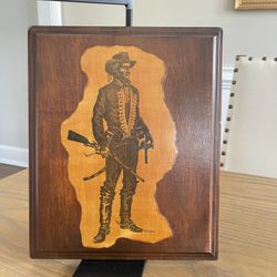 Vintage C. M. Russell Art Print On Wood plaque 12.75” Tall 10.5” wide cowboy