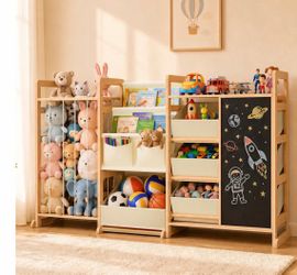 Toy Storage Organizer with Bookshelf, Plush Storage & Chalkboard