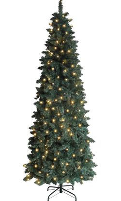 6FT Green Skinny Christmas Tree with Base, Artificial, Warm LED White Fairy Lights New in Box  