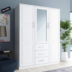Solid Wood 3-Door Wardrobe with Mirror and 3 Drawers, 100% imported Brazilian eco-friendly renewable farm grown pine wood, White