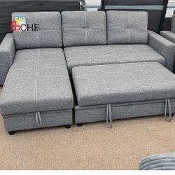 Linen fabric reversible sectional sleeper sofa with storage