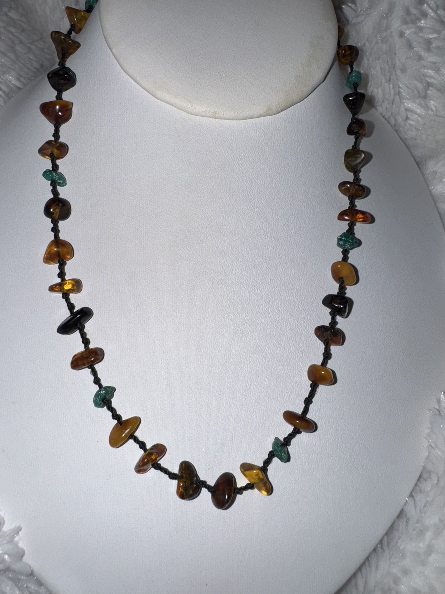 Vintage Baltic Amber Necklace with Turquoise Stones 16" 