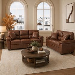 2 Pieces Leather Loveseat and Sofa Set, PU Leather Brown Couch and Loveseat for Living Room, Bedroom, Office, Apartment