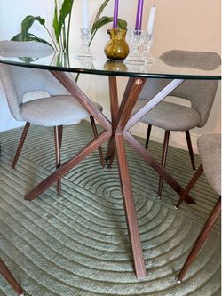 Round Glass Top Walnut Metal Base Dining Table