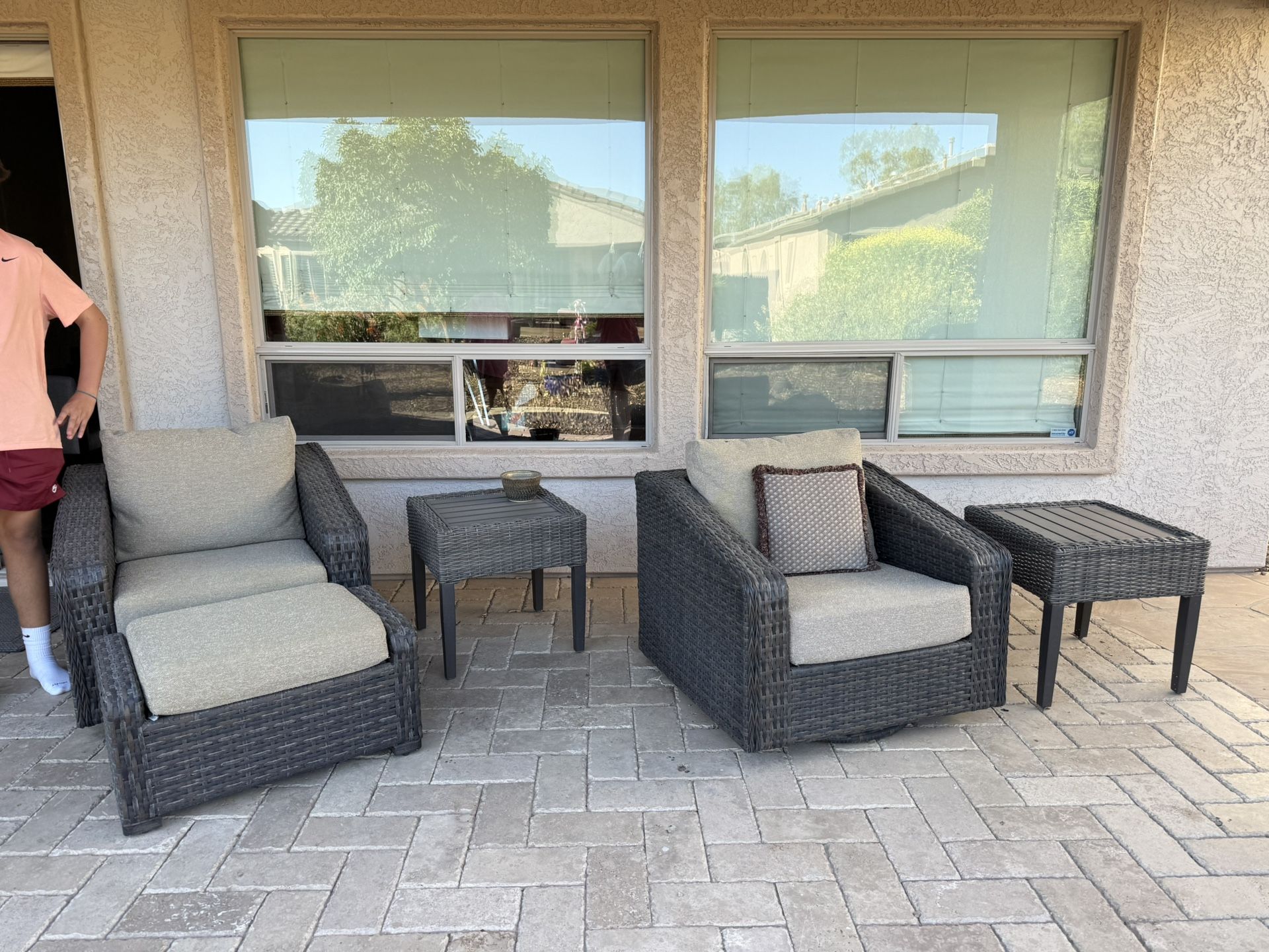 Wicker Chair/Ottoman, Additional Chair And Two End Tables