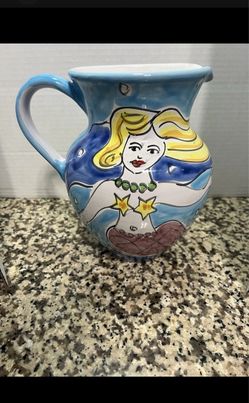 LA MUSA Ceramic Pitcher Mermaid  And Fish in the Sea 8” Made In Italy 2 Qt