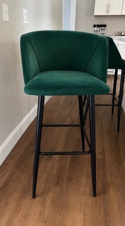 Green Velvet Bar Stool with Black Metal Legs