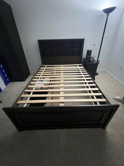 Full size Dark Brown Wood Bed Frame with Bookcase Headboard