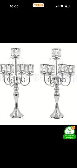 4 pcs Silver Candelabra Centerpieces for Tables, 22in Tall Candlestick Holder for Taper Candles, 5 Arm Metal Crystal Candelabra for Wedding Centerpiec