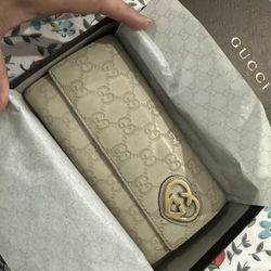 Gucci Long Wallet Embossed Guccissima Beige Cream Monogram Silver Heart GG Logo