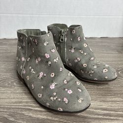 Girls Cat & Jack Sage Green With Pink Flowers Ankle Boots Size 11