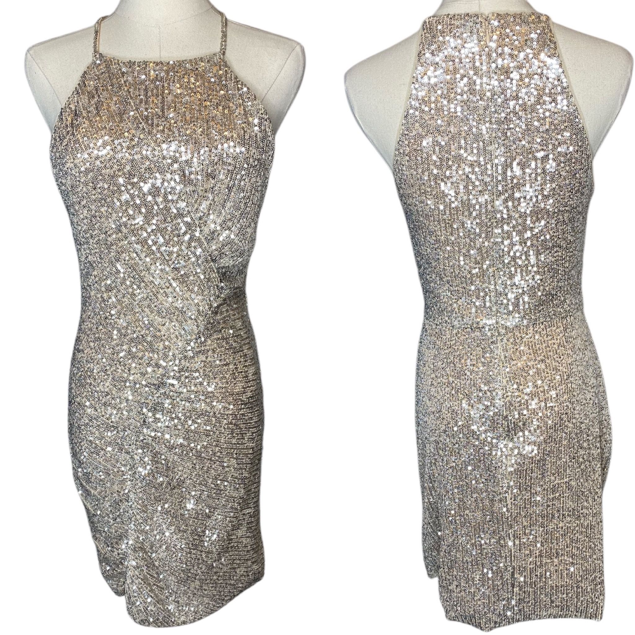 Parker Alina Sequin Halter Ruched Mini Dress in Champagne size 2