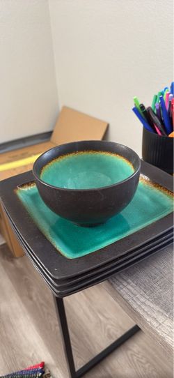 Black and Teal Ceramic Bowl and Plates Set