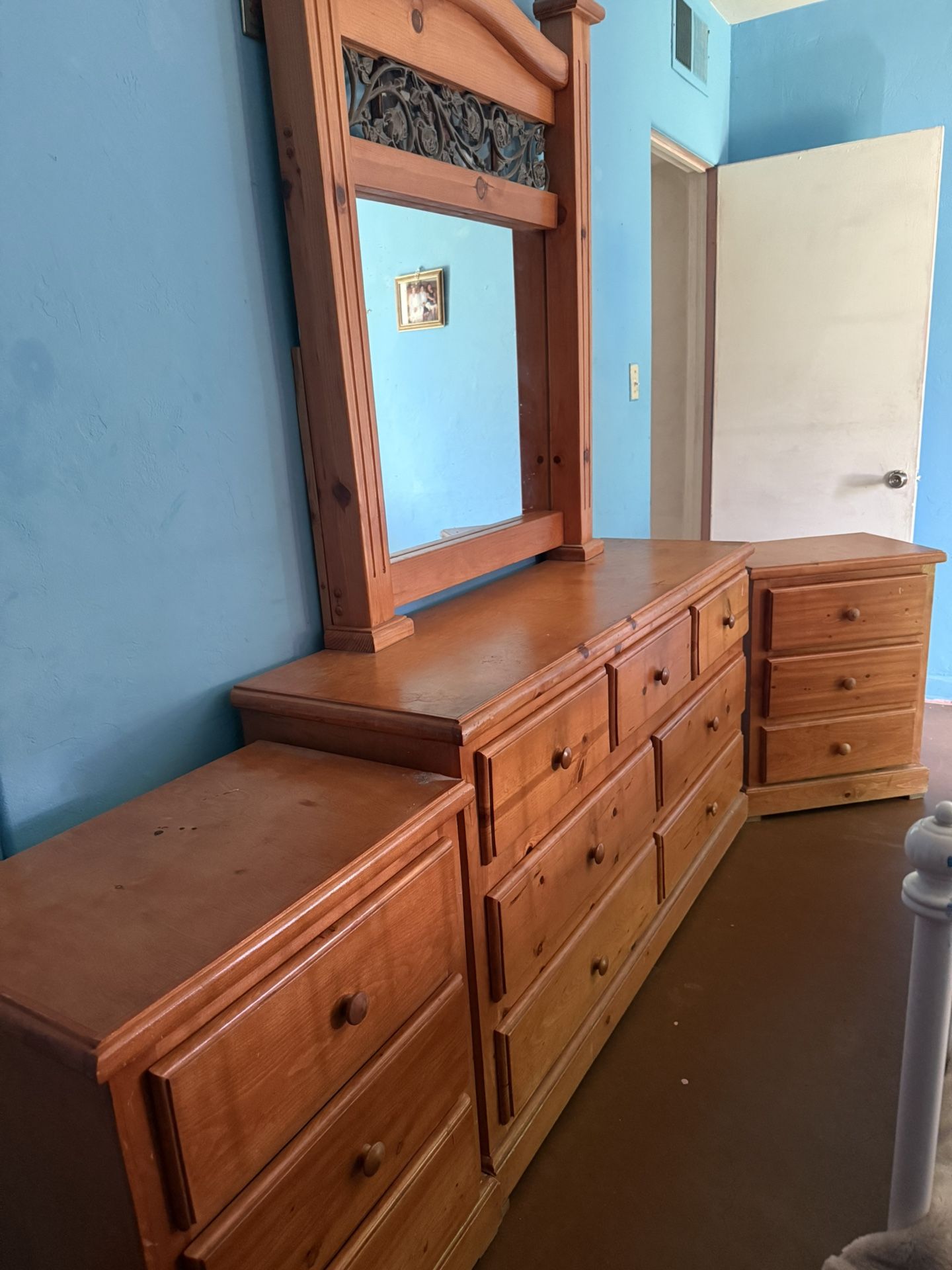 Dresser with Mirror and Two Nightstands