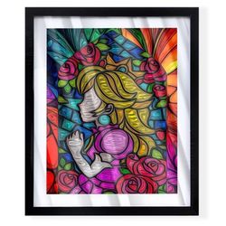 Princess peach stained glass window art piece on black frame