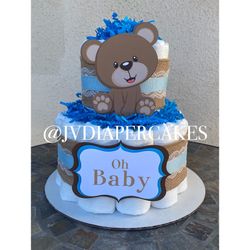 Baby bear themed diaper cake great for baby showers and centerpiece