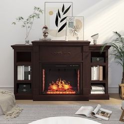 CliHome 70 Inches Brown TV Stand With Electric Fireplace