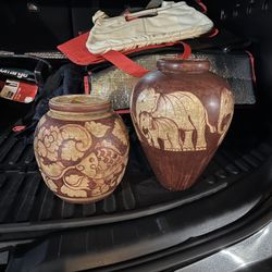 decorative jugs made of clay handmade made in Thailand 2 pcs Very Good Condition 