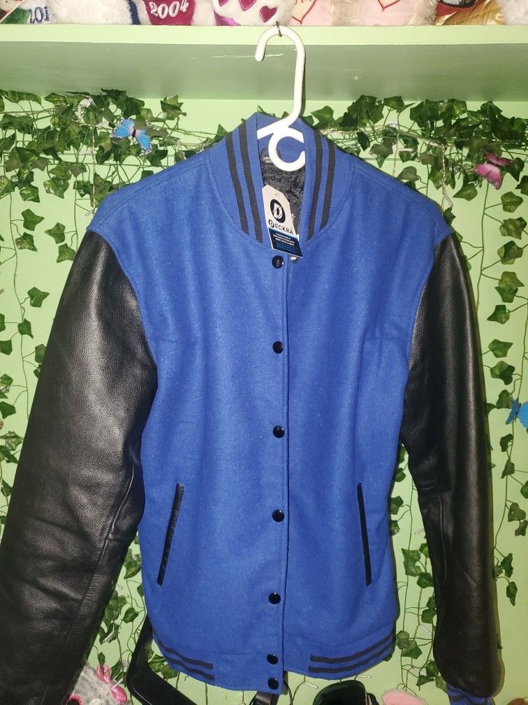 Black And Blue Leather Varsity Jacket! New With Tags! By Deckra Size Medium Medi