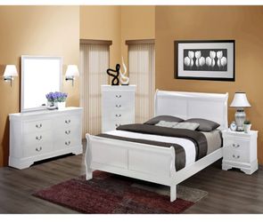 Brand new white queen sleigh bedframe + dresser + mirror + nightstand