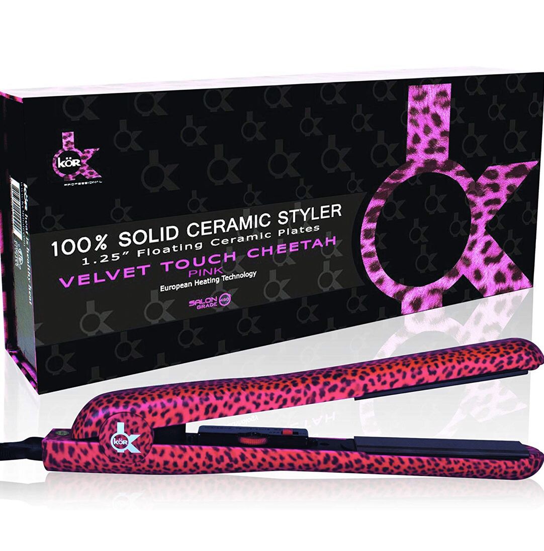 KOR PROFESSIONAL SAFARI SERIES 1.25" Solid Ceramic plates Iconic hair straightener Styler Flat Iron (Velvet Touch Pink Cheetah)