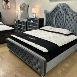 Cameo Gray Upholstered Panel Bedroom Set. Queen Or King Bedroom Set.   Bed, Dresser, Mirror, Nightstand, Chest 