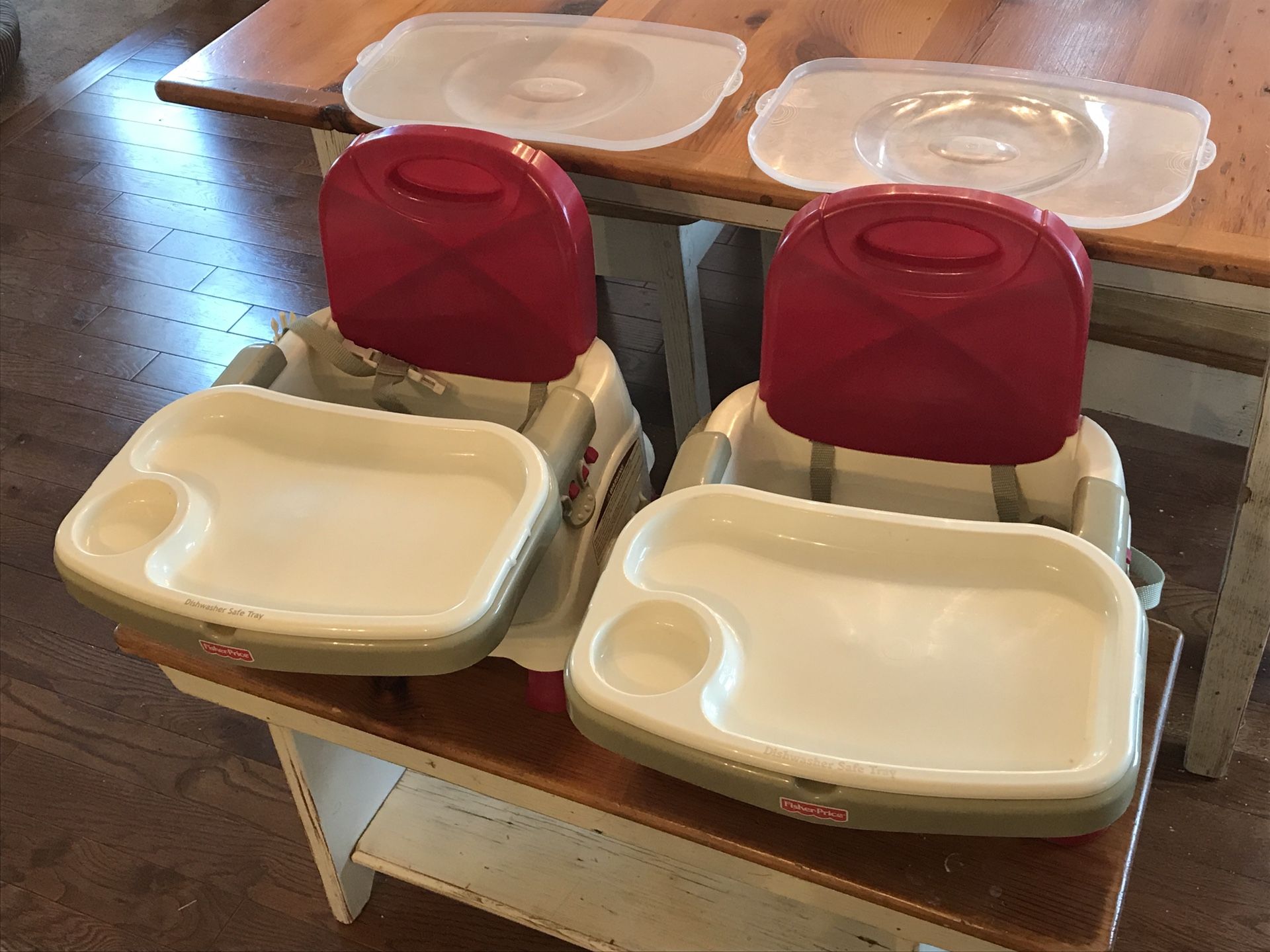 Two kids kitchen booster seats with trays
