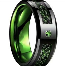 Ring w Black Dragon Pattern & Green Carbon Fiber Inlay Stainless Steel Sizes  7, 8, 9, 10, & 11