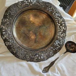 Sterling or Sterling Plate Serving Plate With Spoon
