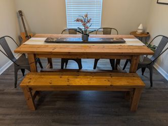 Handmade Solid Wood Farmhouse Dining Table Set (with Bench & 4 Chairs)