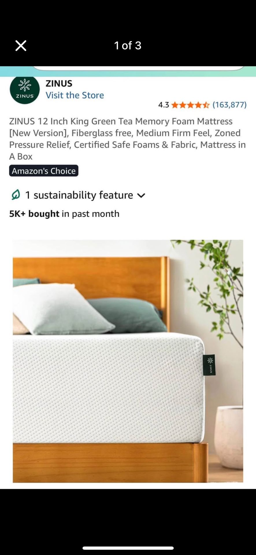 Zinus Green Tea Memory Foam King Mattress β BRAND NEW, Still in Box (Never Opened)