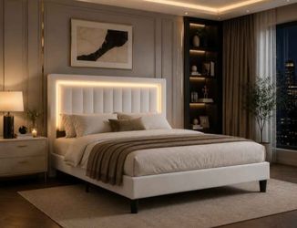 Queen bed Velvet Bed Frame with LED Light, White
Adjustable Vertical Channel Tufted Headboard, Strong Wooden Slats Support, Noise-Free, No Box Spring 